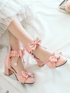 Sweet Lolita Sandals Bows Round Toe PU Leather Chunky Heel Daily Casual Pink Lolita Summer Ankle Strap Heels