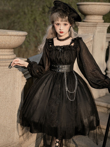 Gothic Lolita OP Kleid Schleifen Langarm Spitze Rüschen Schwarzes Lolita Einteiliges Kleid