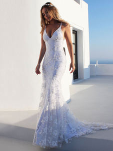 Сексуальное свадебное платье русалки Белое кружевное свадебное платье с v-образным вырезом без спинки