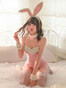 Bunny Girl Costume Pink Quality Choker Dress Headwear 3-Piece Set Adults Sexy Costumes