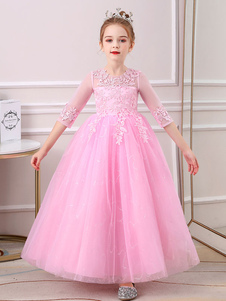 Vestidos de niña de flores rosadas Cuello joya Medias mangas Hasta el tobillo Encaje Princesa Silueta Arcos Vestidos formales de desfile para niños
