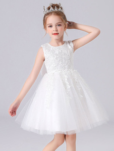 Pink Flower Girl Dresses Jewel Neck Lace Sleeveless Short Princess Dress Bows Formal Kids Pageant Dresses
