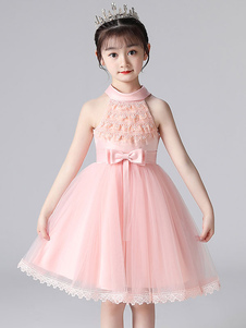 Vestidos de niña de las flores rosadas Cuello halter Encaje Sin mangas Vestido corto de princesa Arcos Vestidos formales para niños