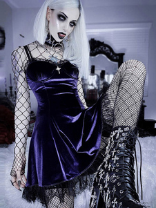 Vestido gótico Mallas púrpuras Recortadas Encaje Sin mangas Poliéster Bodycon Vestido gótico sexy con lencería
