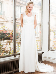 Robe de mariée simple robe de mariage blanche tissue de satin dos en V boutonnée sur dos à taîne courte