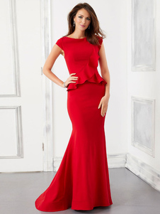 Red Party Dress For Mother Of The Bride Jewel Neck Short Sleeves Mermaid Satin Pleated Long Wedding Guest Dresses Free Customization