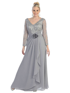 花嫁のライト グレー母 V ネック長袖 A ライン花レース シフォン床の長さの結婚式のゲスト ドレス自由なカスタマイズ