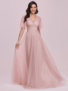 Pink Prom Dress A-Line V-Neck Short Sleeves Backless Tulle Floor-Length Wedding Guest Dresses