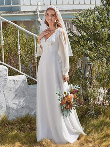 White Simple Causal Wedding Dress A-Line V-Neck Long Sleeves Chiffon Long Bridal Dresses Free Customization