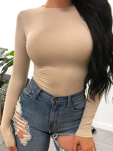 Bodysuit Light Apricot Long Sleeves Piping Stretch Notched Neckline Sexy Cotton Top For Women