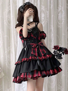 Idol-Kleidung Lolita JSK-Kleid Rot Kariertes Muster Ärmellos Rüschen Bögen Schnür-Lolita-Pullover-Rock black friday Deals 2023