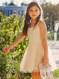 Vestidos de niña de flores blancos Cuello joya Tul Sin mangas Corto Una línea Arcos Vestidos de fiesta para niños