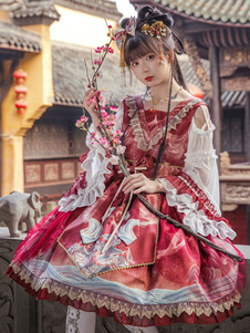 Vestido chino Lolita OP rojo sin mangas volantes encaje poliéster dulce Lolita faldas de una pieza