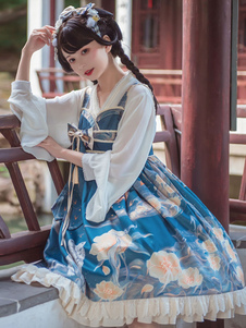 Estilo chino Lolita JSK Vestido Azul Volantes Estampado floral Patrón Poliéster Encaje Traje Lolita