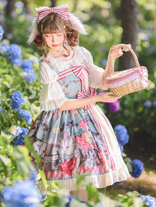 Sweet Lolita JSK Kleid Fairytale Infanta Spitze Bowknot Light Sky Blue Lolita Jumper Röcke