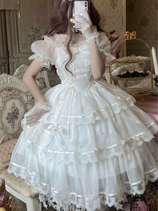 Süßes Lolita JSK-Kleid aus Polyester, ärmellos, Spitze, Schleife, weißer Lolita-Pulloverrock