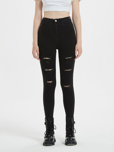 Женские джинсы Черные узкие джинсовые брюки с нерегулярной завышенной талией на молнии с вырезом