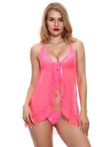 Babydolls Lencería Babydoll para mujer Encaje rojo Estampado floral Encaje anudado Sexy