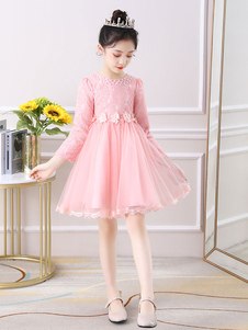 Flower Girl Dresses Light Pink Jewel Neck Long Sleeves Beaded Tulle Lace Cotton Kids Social Party Dresses