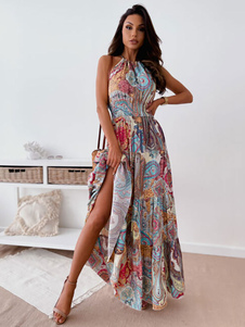 Vestidos largos Vestido largo azul sin mangas con estampado floral y cuello joya sin espalda de poliéster hasta el suelo