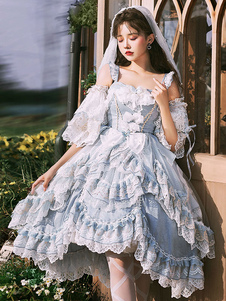 Dulce vestido de Lolita sin mangas mariposa perlas arcos encaje cielo azul Lolita vestido de novia