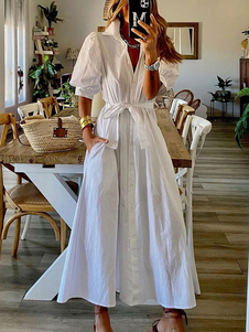 Women Long Dress White Turndown Collar Half Sleeves Pleated Buttons Lace Up Maxi Dress