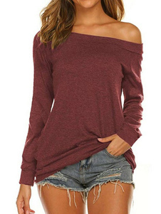 Women Blouse Burgundy Long Sleeves Cotton Blend Bateau Neck Casual T Shirt