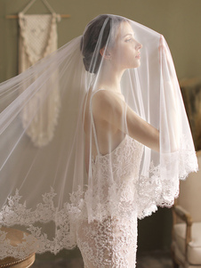 Ivory Wedding Veil Two-Tier Lace Applique Edge Drop Medium Tulle Bridal Veils