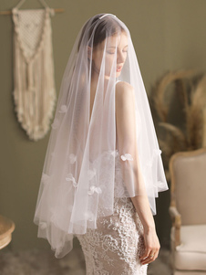 Ivory Wedding Veils Two-Tier Flowers Tulle Cut Edge Classic Bridal Veil