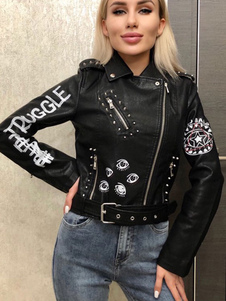 Pu Leather Motorcycle Jacket Turndown Collar Black Spring Outerwear
