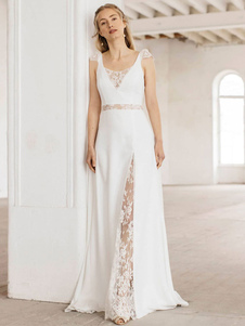 White Simple Causal Wedding Dress A-Line V-Neck Sleeveless Lace Chiffon Long Bridal Gowns Free Customization