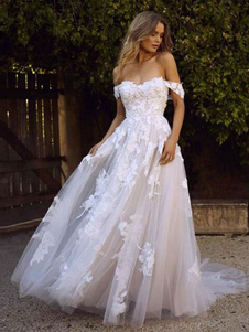 Robe de mariée en dentelle blanche hors de l'épaule à traîne Robe de mariage