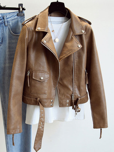 Chaqueta de cuero PU cuello vuelto primavera Moto prendas de vestir exteriores para mujer