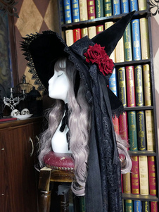 Sombrero de Lolita negro Lazos de rosas Accesorio de encaje Sombrero de bruja Lazo de encaje Accesorios de Lolita de poliéster