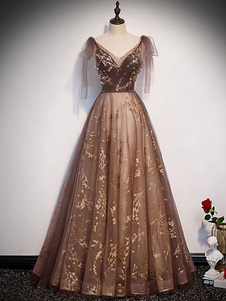 Vestido de fiesta marrón 2023 con cuello en V, vestido de fiesta sin mangas con cordones, vestidos de fiesta de tul con lentejuelas y cuentas, personalización gratuita