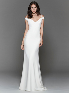 White Mermaid Wedding Dress V Neck Sleeveless With Train Stretch Crepe Bridal Dress Free Customization