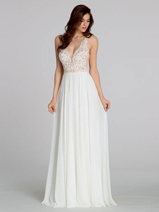 White Simple Causal Wedding Dress Chiffon V-Neck Sleeveless With Train Chiffon Lace A-Line Bridal Gowns Free Customization