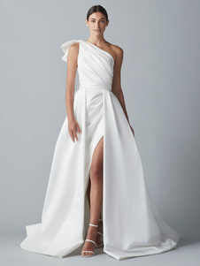 White A-Line Wedding Dress One Shoulder Sleeveless Satin Fabric Bows With Train Bridal Dresses Free Customization