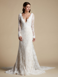 Ivory Lace Mermaid Wedding Dress V-Neck Long Sleeves Backless Bridal Gowns With Train Free Customization