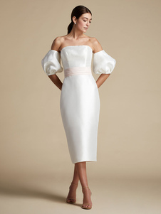 Ivory Short Wedding Dresses Strapless Sleeveless Sheath Satin Fabric Tea Length Bridal Dress Free Customization