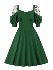 1950er Jahre Audrey Hepburn Stil Retro-Kleid Sweetheart Neck Half Sleeves Medium Polka Dot Green Swing Dress