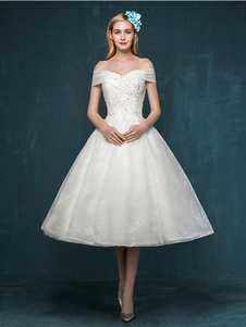 Abito da sposa corto Abito da Sposa Economico con spalle scoperte di pizzo Panna  smanicato Abiti da sposa