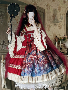 Vestido estilo chino Lolita JSK Conjunto de 2 piezas Falda estilo jersey de Lolita de poliéster sin mangas burdeos