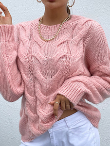 Women Pullover Sweater Pink Crochet Jewel Neck Long Sleeves Stretch Sweaters