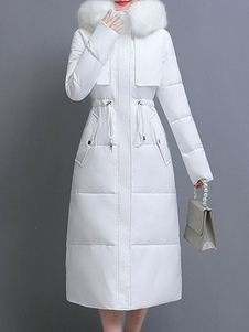 Long Puffer Coats For Women White Hooded Cotton Winter Outerwear