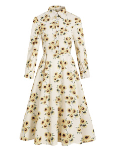 1950er Jahre Audrey Hepburn Stil Retro-Kleid Umlegekragen mit langen Ärmeln langes Swing-Kleid mit Blumendruck