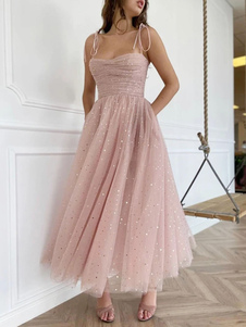 Birthday Party Dresses Pink Straps Neck Sequins Sleeveless Backless Semi Formal Dress