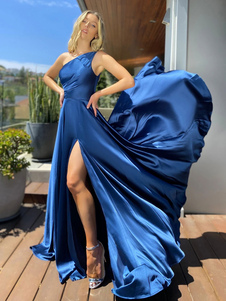 Birthday Party Dresses Blue Jewel Neck Sleeveless High Slit Floor Length Semi Formal Dress