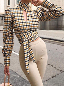女性のためのセクシーなブラウスハイカラー長袖レースアップチェック柄パターンポリエステルサマーシャツ