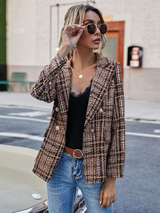 Women Blazer Fashion Turndown Collar Long Sleeves Coffee Brown Plaid Shacket